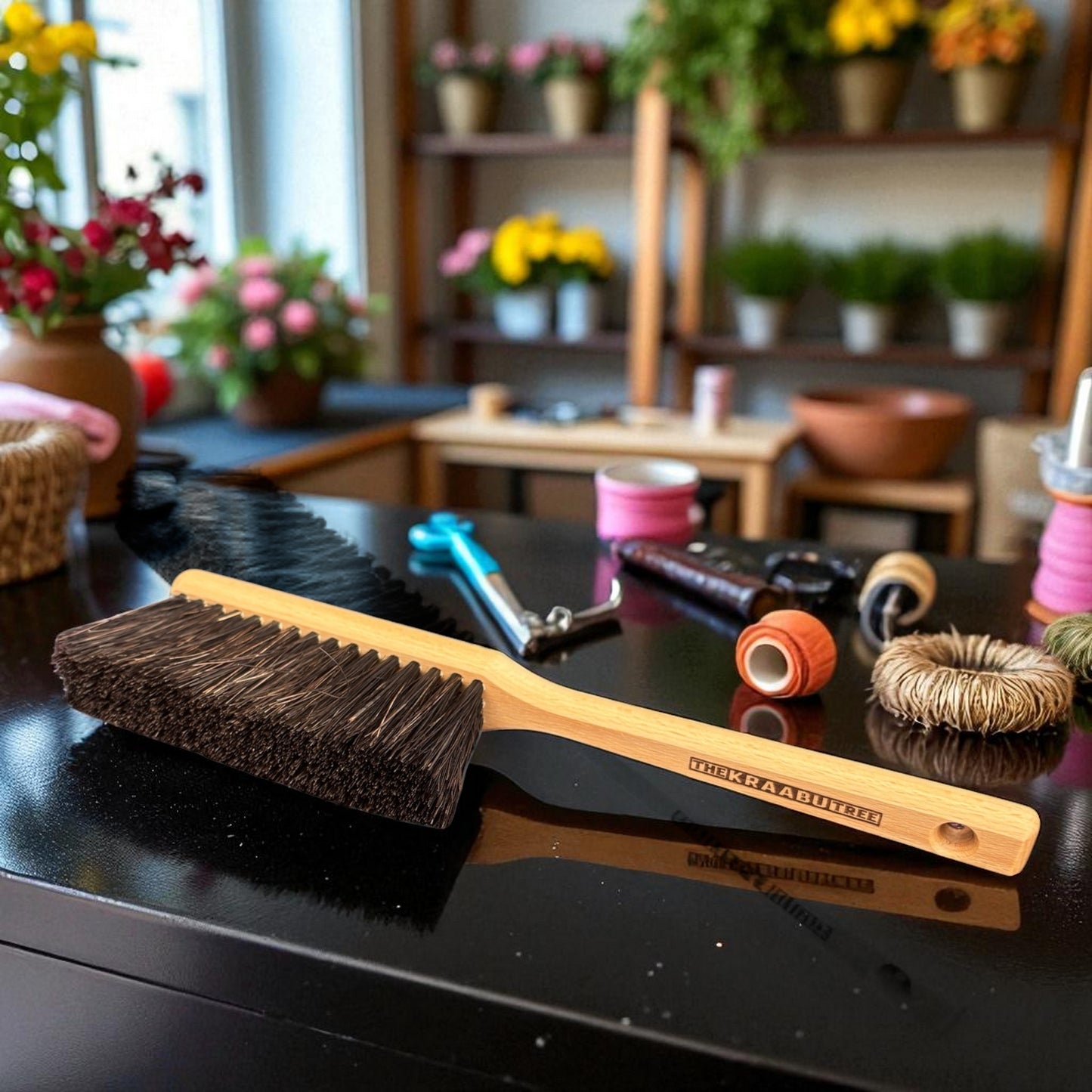 Long handle handbrush with arenga plant fibres, 45cm long