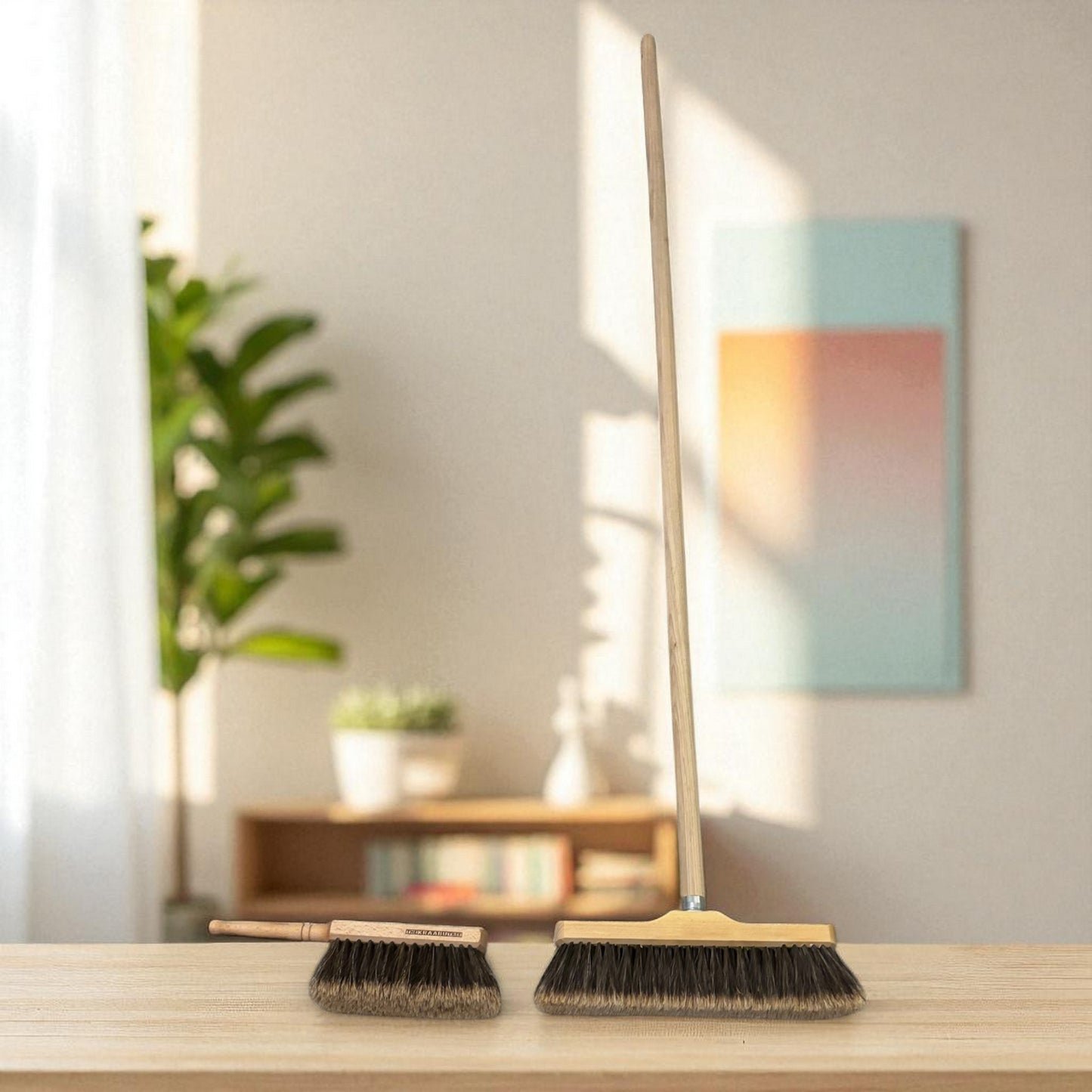 Luxury indoor broom and hand brush set split horse hair end
