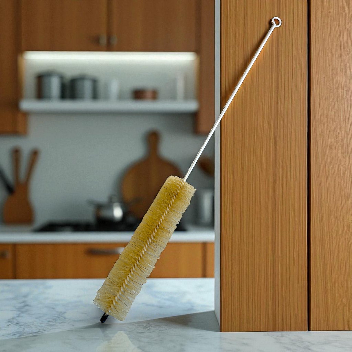 Bottle/vase cleaning brush with boar bristle