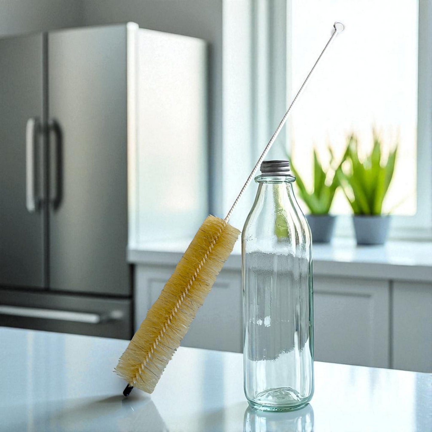 Bottle/vase cleaning brush with boar bristle